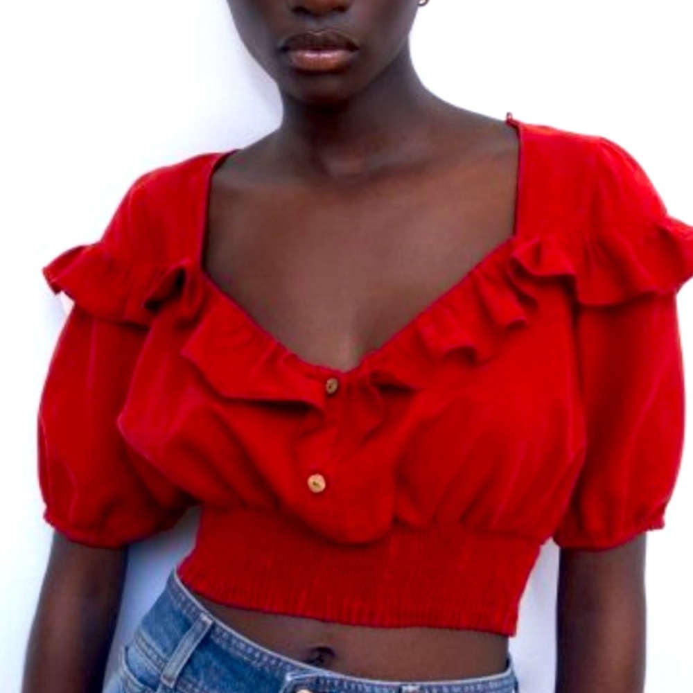 Zara red linen ruffle crop top
